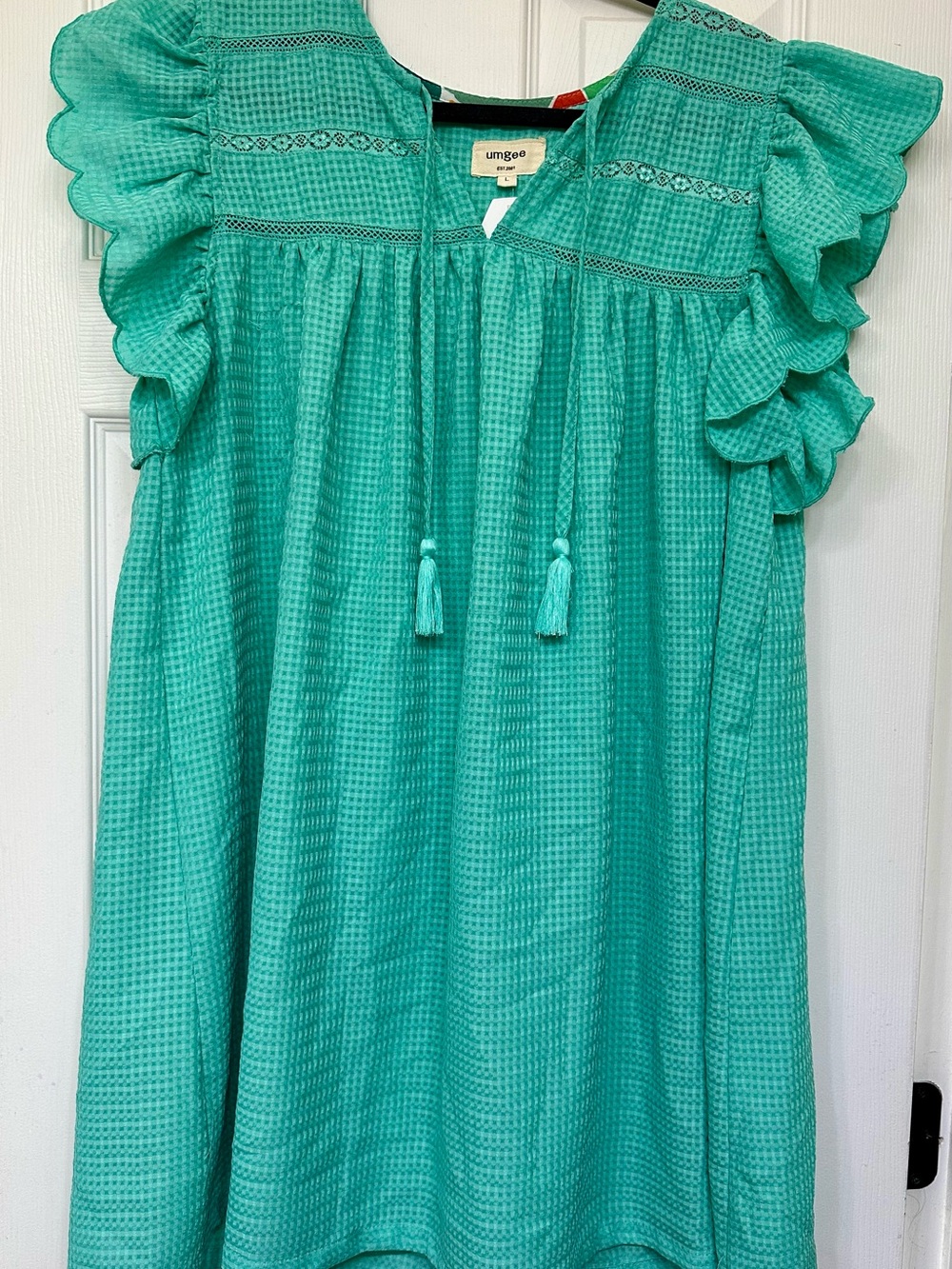Umgee Turquoise Ruffle Sleeve Tassel Dress